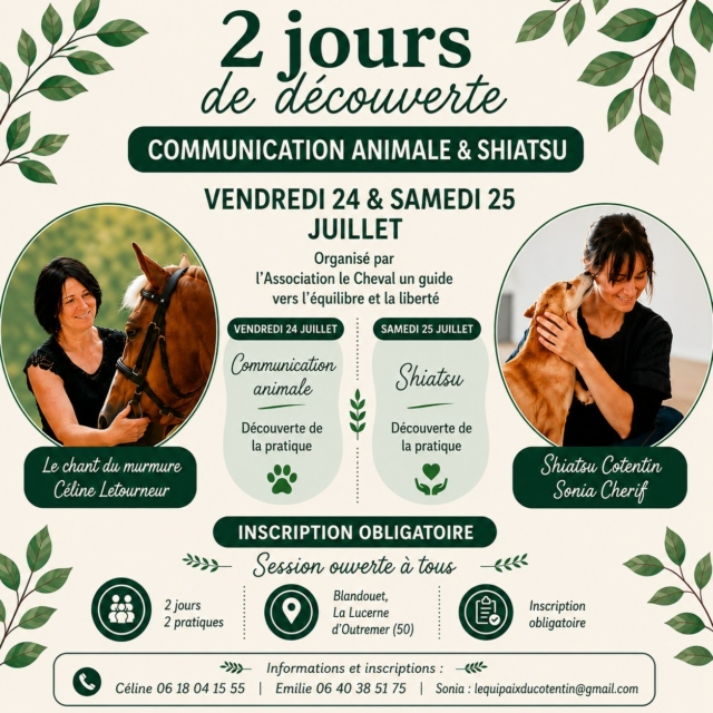 nous te proposons deux jour de découverte de la communication animale et du Shiatsu. 

le programme est simplement de t'apporter les informations théoriques et pratique pour une immersion dans ces deux pratiques. le but étant que tu puisses apporter du confort à ton animal, au quotidien. 

Tu nous rejoins ? 
commente "Ecoute du vivant" si tu souhaites en savoir plus. 

⚠ Ces deux journées sont de la découverte et ne permettent pas de devenir professionnel ensuite.

 #BienÊtreAnimal #CommunicationAnimale #Chiens #animauxdecompagnie
