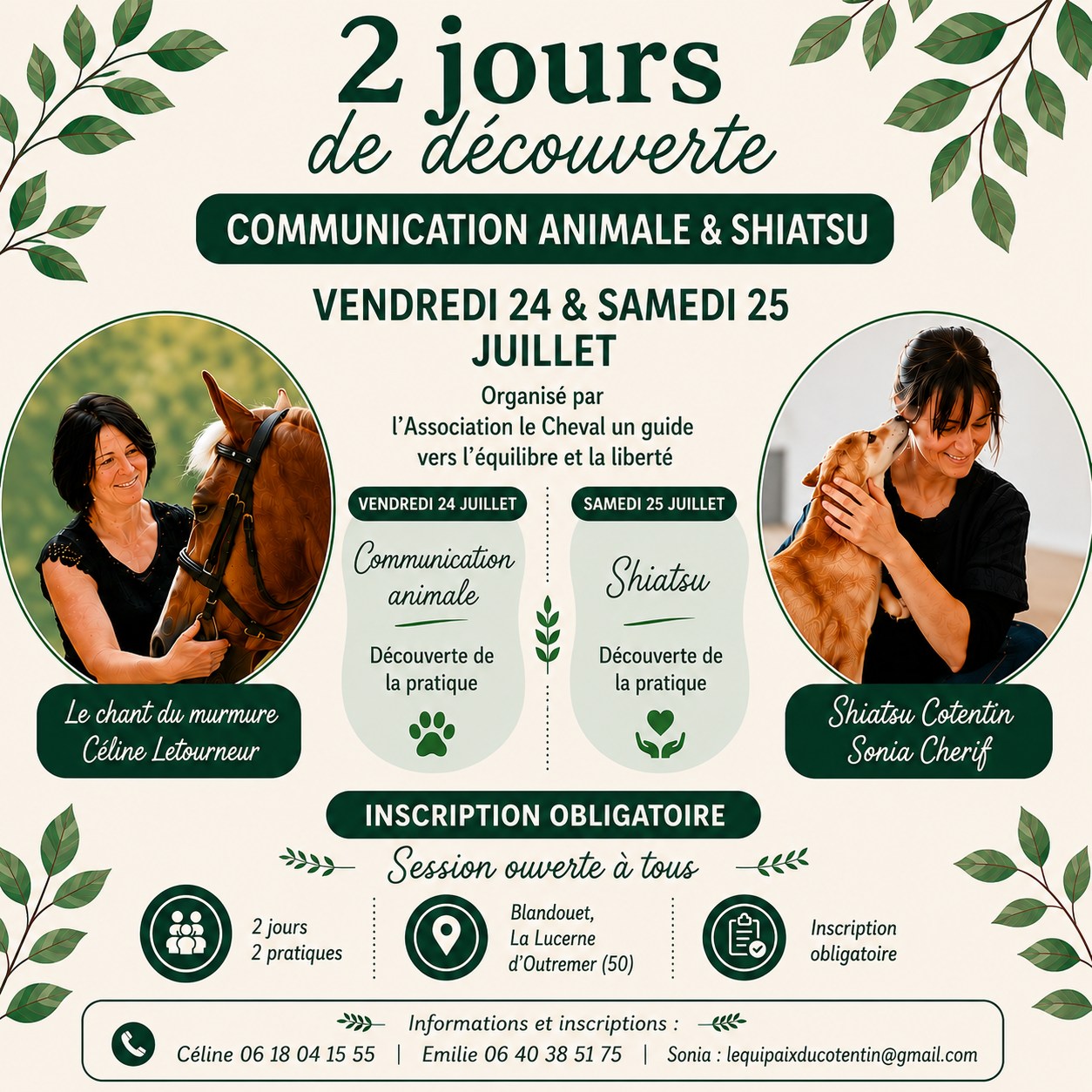 nous te proposons deux jour de découverte de la communication animale et du Shiatsu. 

le programme est simplement de t'apporter les informations théoriques et pratique pour une immersion dans ces deux pratiques. le but étant que tu puisses apporter du confort à ton animal, au quotidien. 

Tu nous rejoins ? 
commente "Ecoute du vivant" si tu souhaites en savoir plus. 

⚠ Ces deux journées sont de la découverte et ne permettent pas de devenir professionnel ensuite.

 #BienÊtreAnimal #CommunicationAnimale #Chiens #animauxdecompagnie